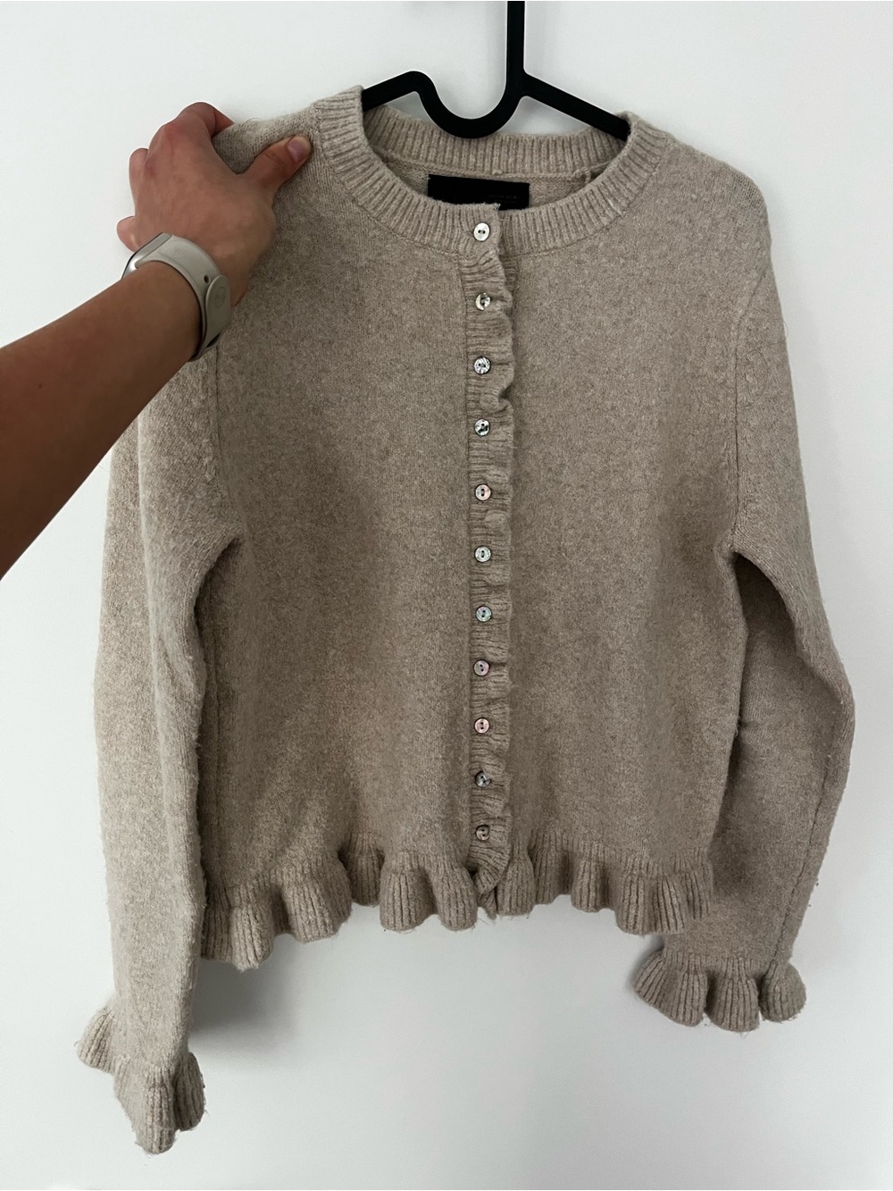 Beige Ruffle-Hem Button Cardigan - Women Sweater